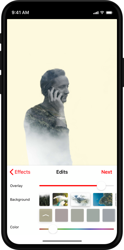 An iPhone with the Slør app open. The user interface of the Slør app is photo editor like.
